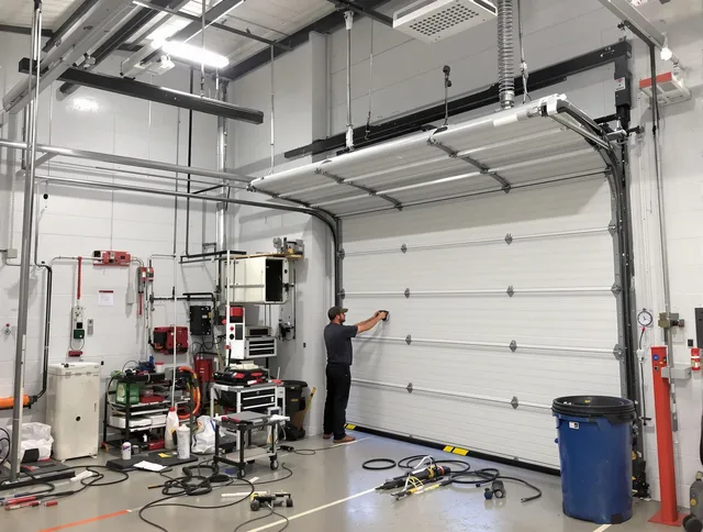 Central Falls Garage Door Repair certified technician performing commercial door repair at a Central Falls business facility