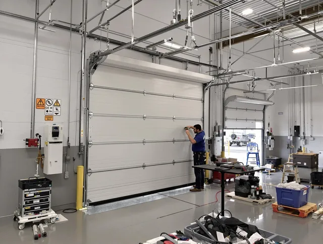 Commercial garage door repair being performed by Central Falls Garage Door Repair expert in Central Falls