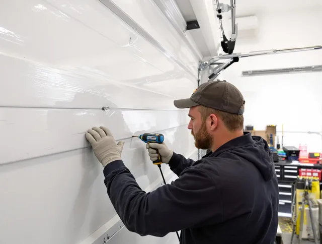 Central Falls Garage Door Repair technician demonstrating precision dent removal techniques on a Central Falls garage door