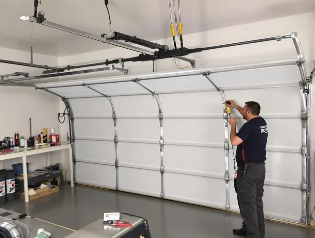 Central Falls Garage Door Repair certified technician performing overhead door system repair in Central Falls