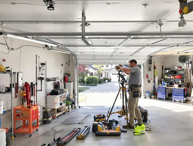 Central Falls Garage Door Repair specialist performing laser-guided track alignment in Central Falls